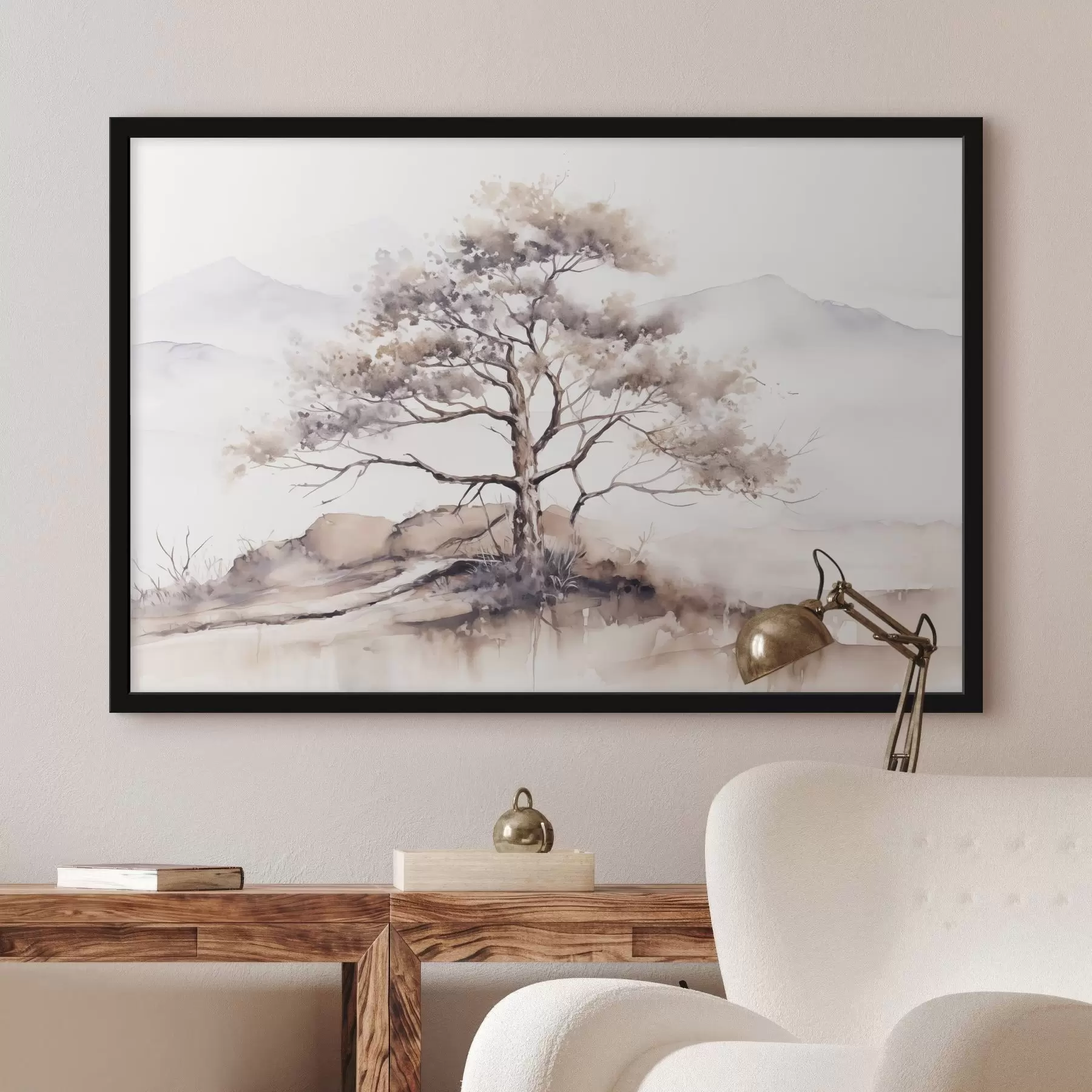 murales de pared Un árbol solitario de tronco retorcido y ramas escasas, sobre un fondo suave y apagado de montañas f42715