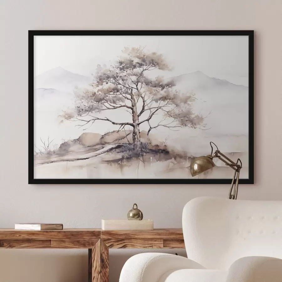 murales de pared Un árbol solitario de tronco retorcido y ramas escasas, sobre un fondo suave y apagado de montañas f42715