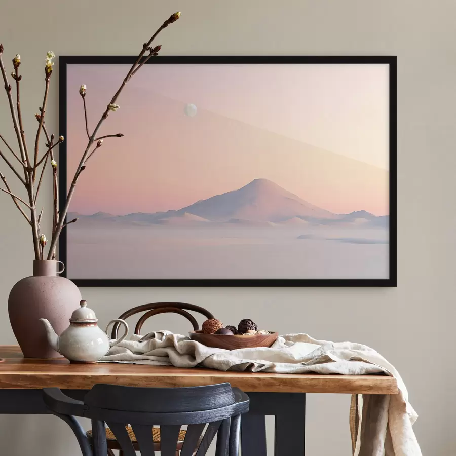 murales de pared Una gran montaña con una suave pendiente en suaves colores pastel con una pálida luna visible en el cielo f42718