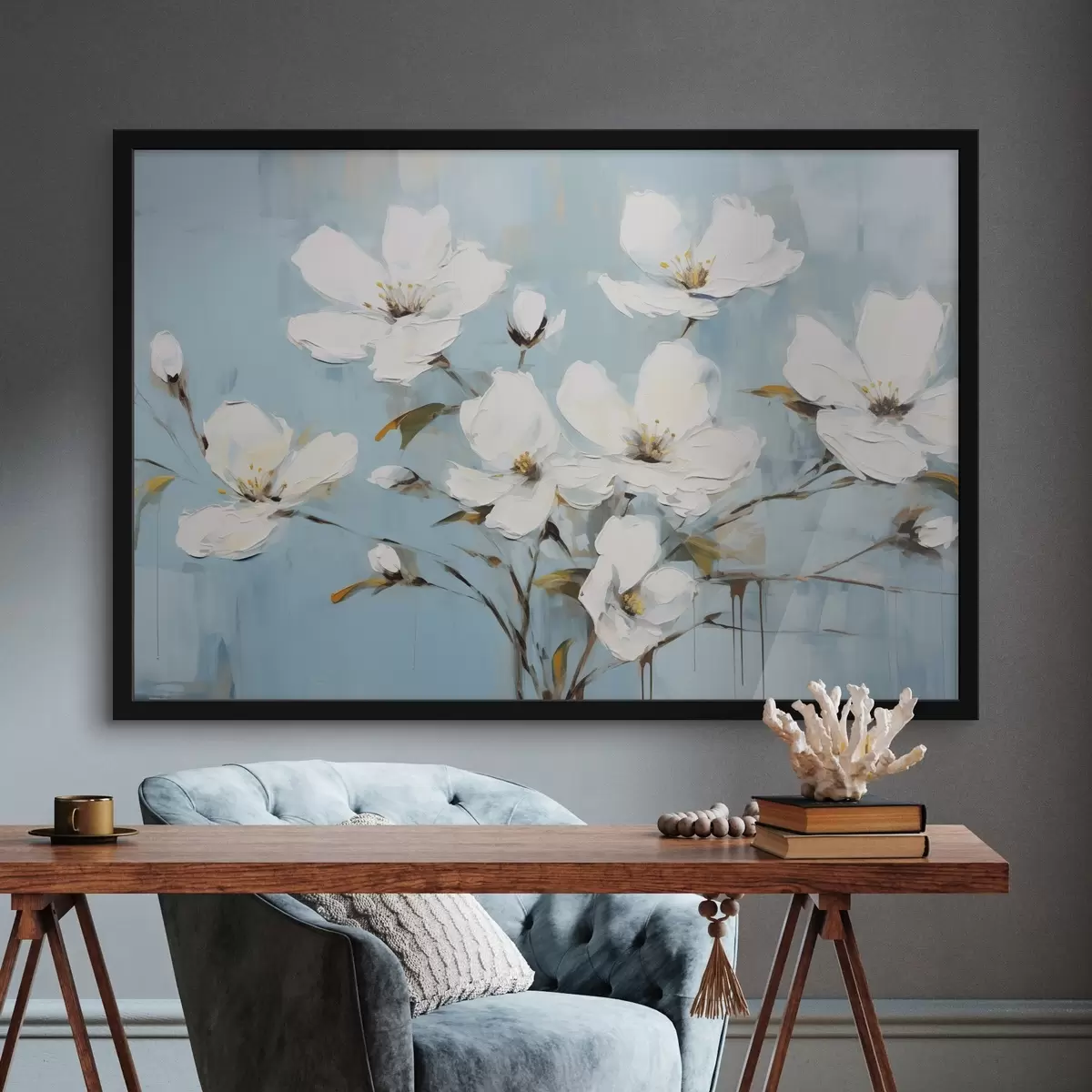 Poster Flores blancas con delicados pétalos y hojas verdes sobre un fondo azul claro imitación pintura al óleo f42719