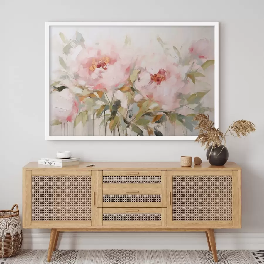 murales de pared Pintura al óleo imitación de grandes peonías rosas con pétalos suaves y centros amarillos, rodeadas de hojas verdes f42720