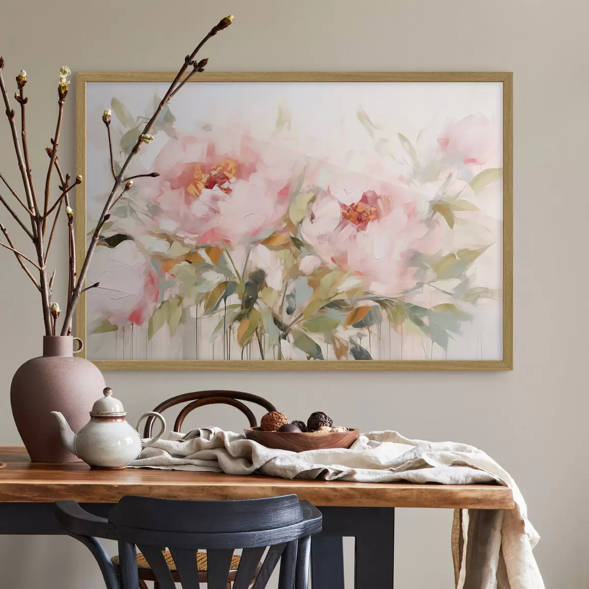 Poster Pintura al óleo imitación de grandes peonías rosas con pétalos suaves y centros amarillos, rodeadas de hojas verdes f42720