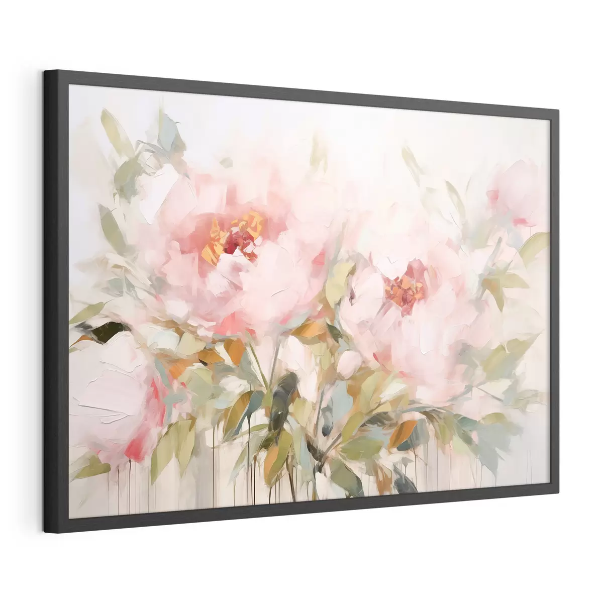 Poster Pintura al óleo imitación de grandes peonías rosas con pétalos suaves y centros amarillos, rodeadas de hojas verdes f42720
