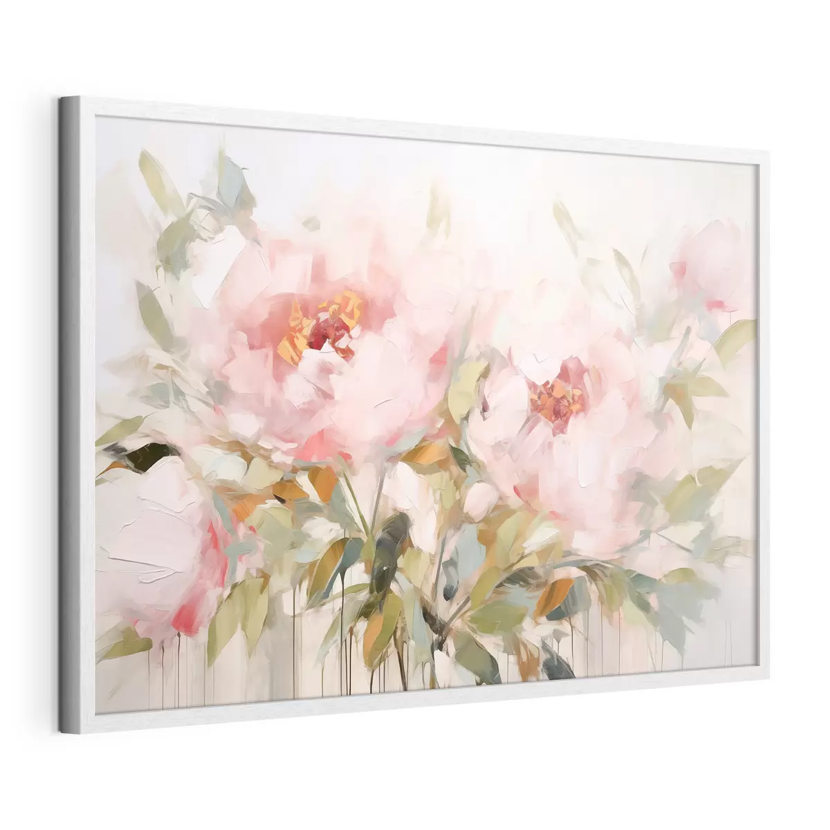 Poster Pintura al óleo imitación de grandes peonías rosas con pétalos suaves y centros amarillos, rodeadas de hojas verdes f42720