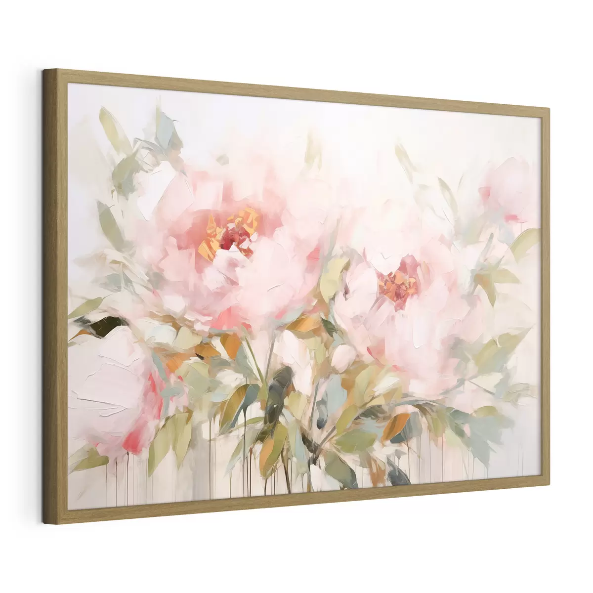 Poster Pintura al óleo imitación de grandes peonías rosas con pétalos suaves y centros amarillos, rodeadas de hojas verdes f42720