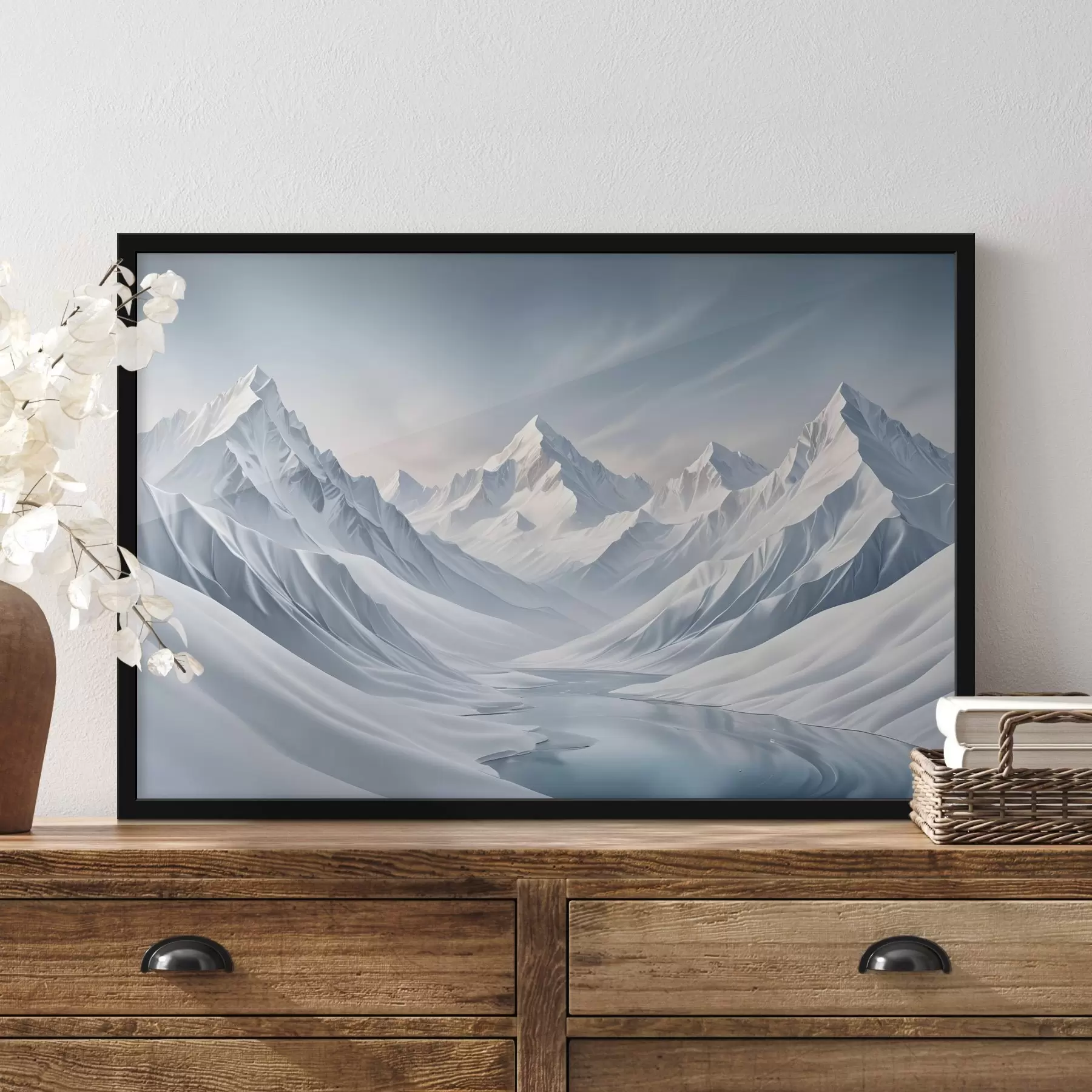 murales de pared Montañas nevadas con picos nítidos y un cielo con un suave degradado que pasa del azul pálido al azul claro f42724