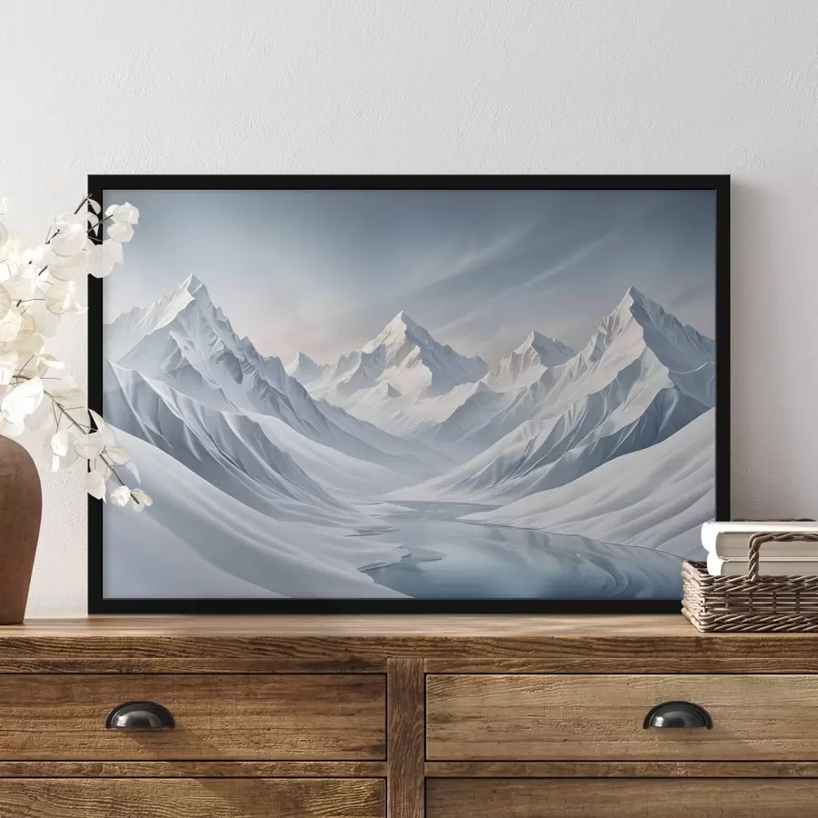 murales de pared Montañas nevadas con picos nítidos y un cielo con un suave degradado que pasa del azul pálido al azul claro f42724