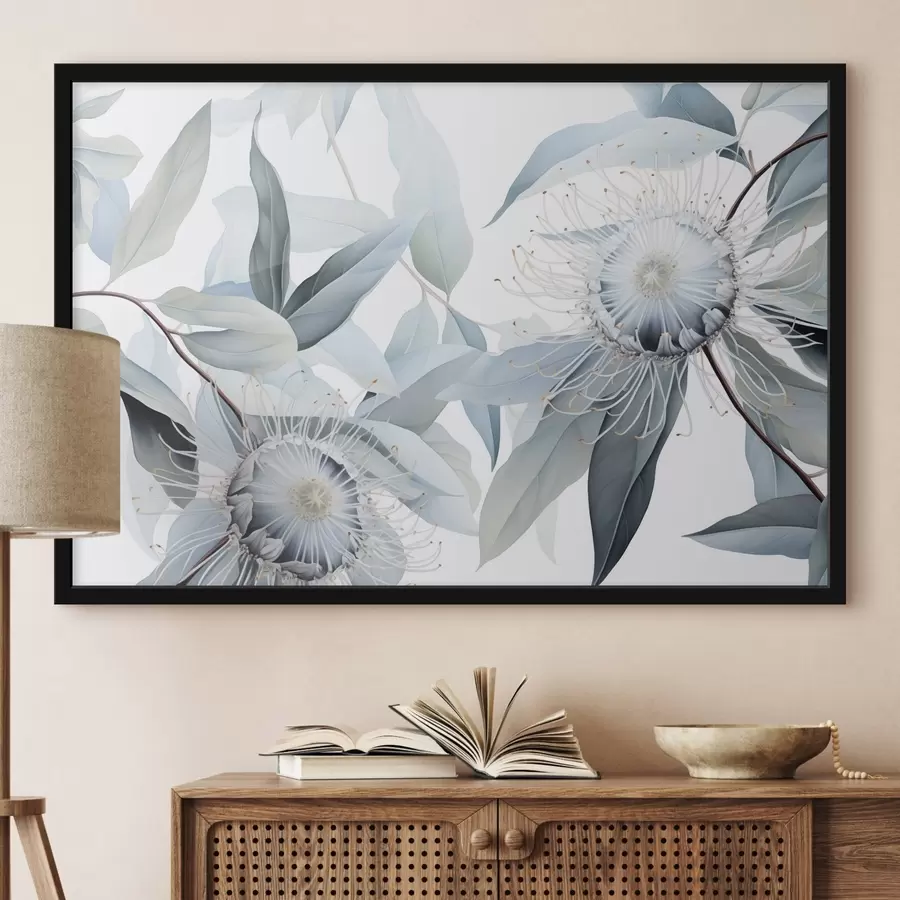 murales de pared Ilustración botánica detallada de flores de eucalipto con filamentos blancos, rodeadas de suaves hojas de color verde claro f42725