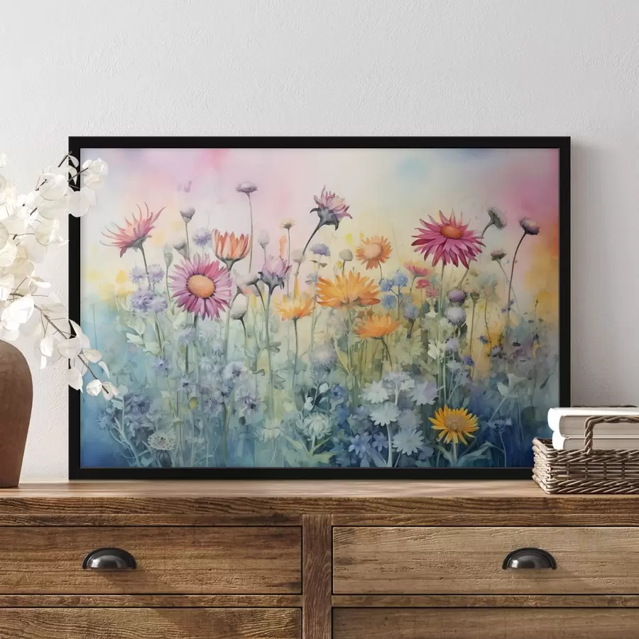 murales de pared Un vibrante campo de altas y exuberantes flores silvestres sobre un suave fondo de acuarela en tonos pastel f42726