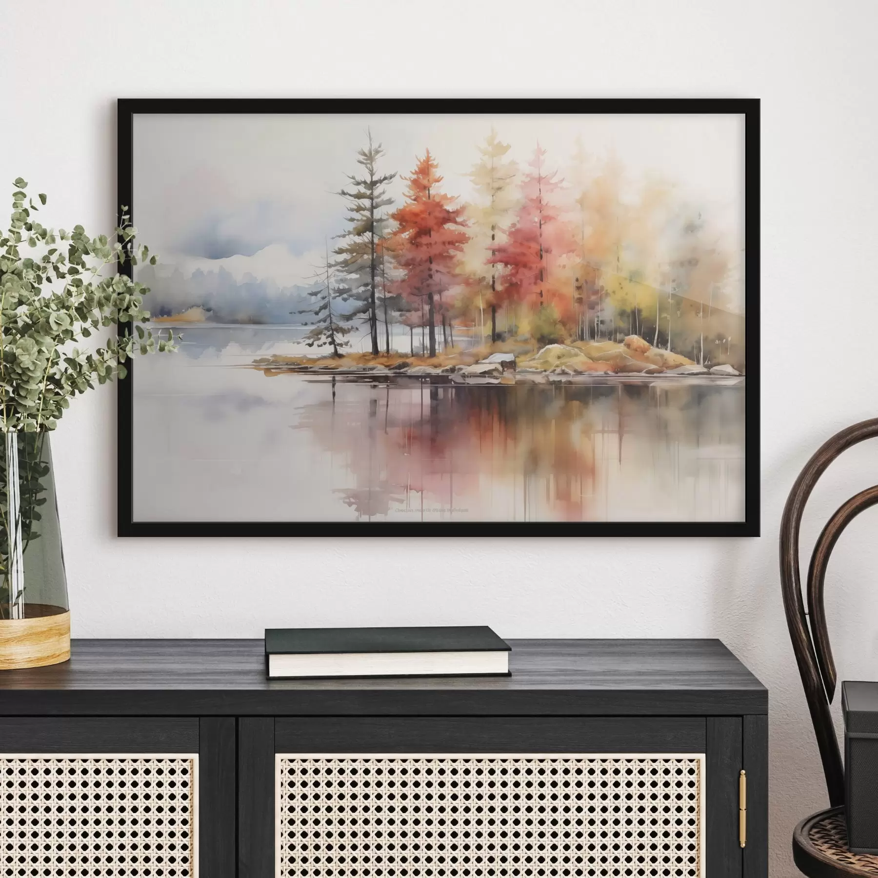 murales de pared Paisaje de acuarela con un lago rodeado de árboles en vibrantes colores otoñales f42727