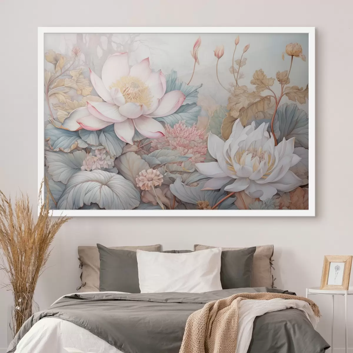 Poster Grandes flores de loto en tonos rosas y blancos, rodeadas de hojas verdes y un delicado follaje rosa f42729