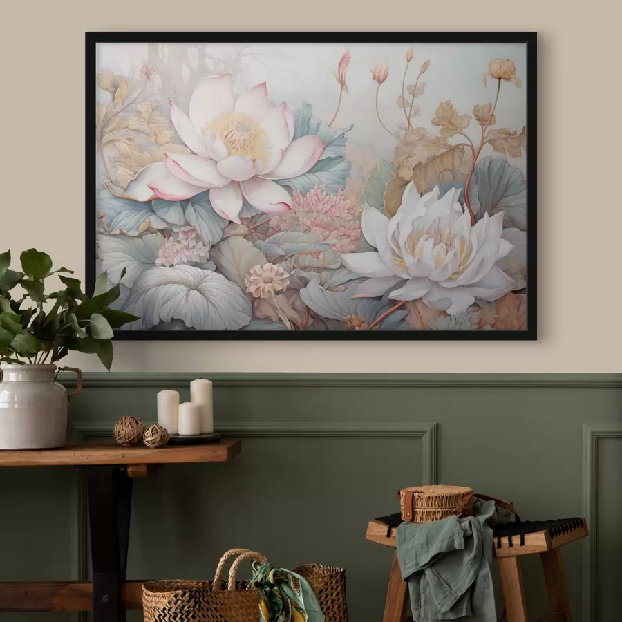 murales de pared Grandes flores de loto en tonos rosas y blancos, rodeadas de hojas verdes y un delicado follaje rosa f42729