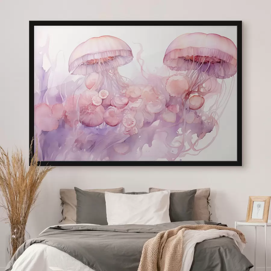 murales de pared Medusas rosas flotando en medio de un remolino de suaves tonos rosas y morados, rodeadas de formas abstractas f42730