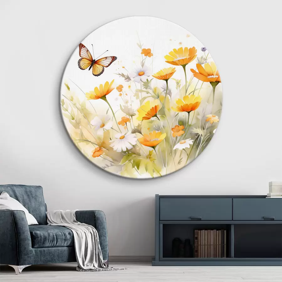 murales de pared Un vibrante campo de flores en acuarela con margaritas naranjas y blancas, y una mariposa revoloteando cerca r42714