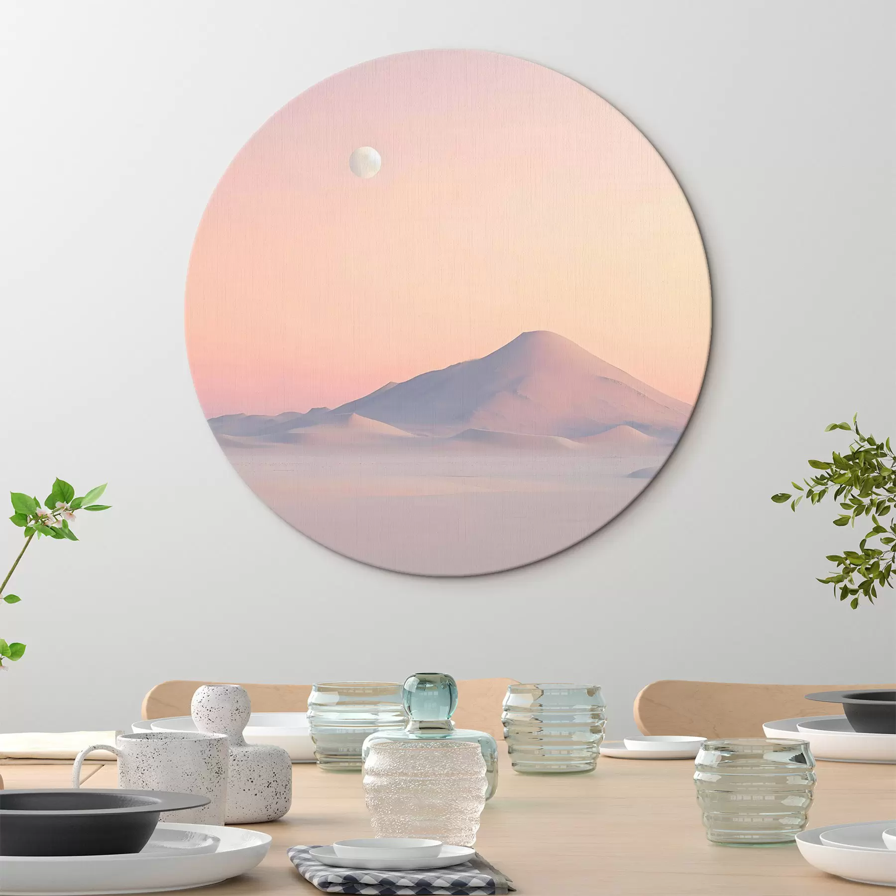 murales de pared Una gran montaña con una suave pendiente en suaves colores pastel con una pálida luna visible en el cielo r42718