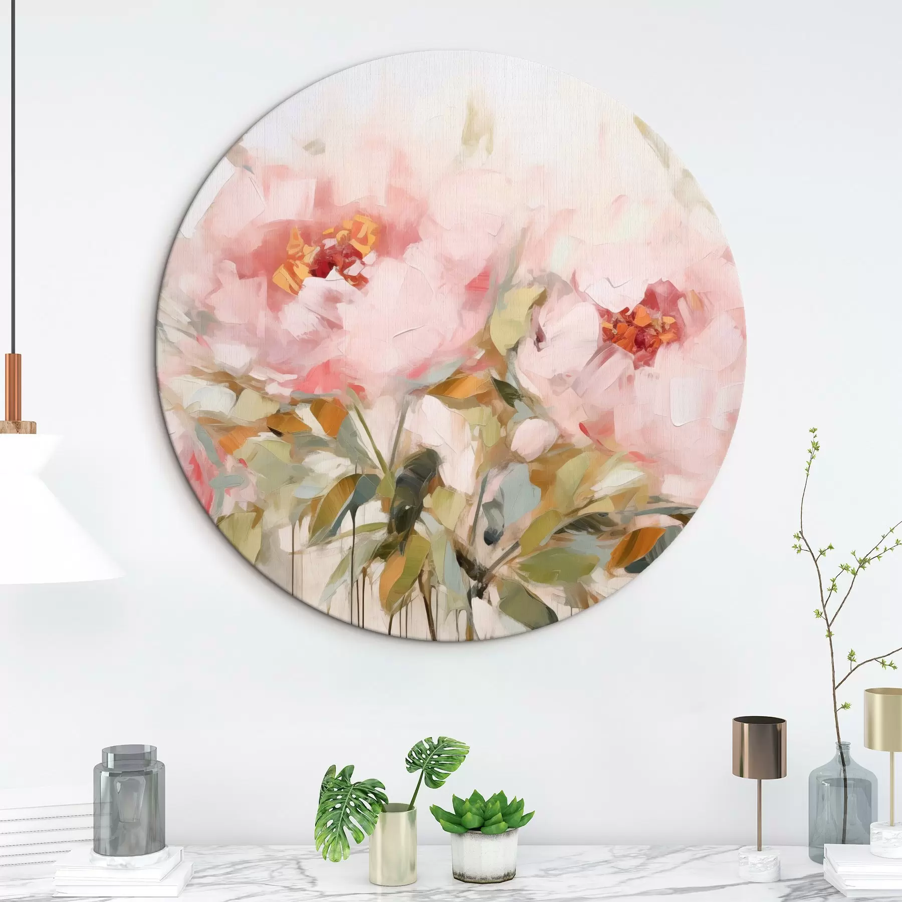 murales de pared Pintura al óleo imitación de grandes peonías rosas con pétalos suaves y centros amarillos, rodeadas de hojas verdes r42720