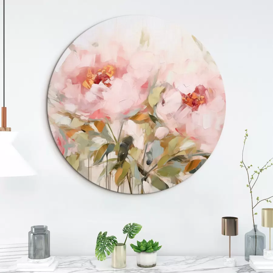 murales de pared Pintura al óleo imitación de grandes peonías rosas con pétalos suaves y centros amarillos, rodeadas de hojas verdes r42720