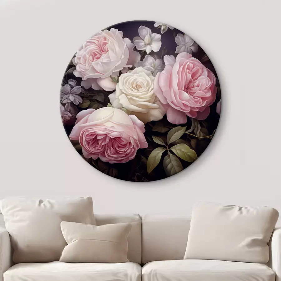 murales de pared Rosas rosas y blancas dispuestas con delicadas flores blancas y hojas verdes sobre un fondo oscuro r42721