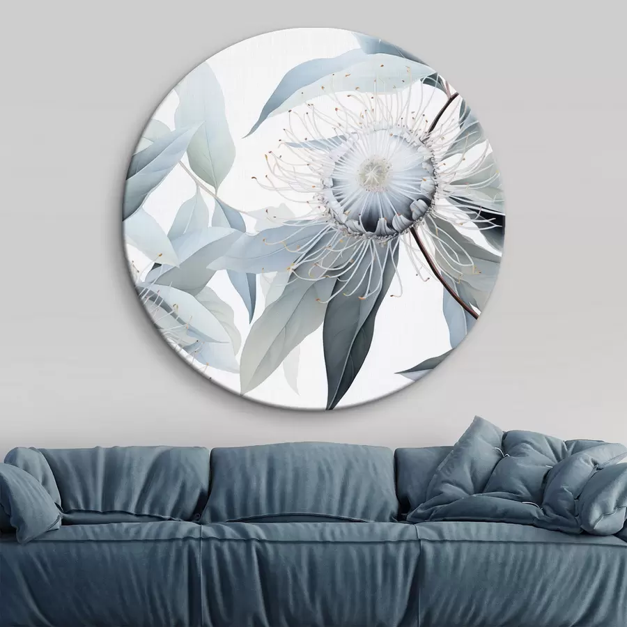 murales de pared Ilustración botánica detallada de flores de eucalipto con filamentos blancos, rodeadas de suaves hojas de color verde claro r42725