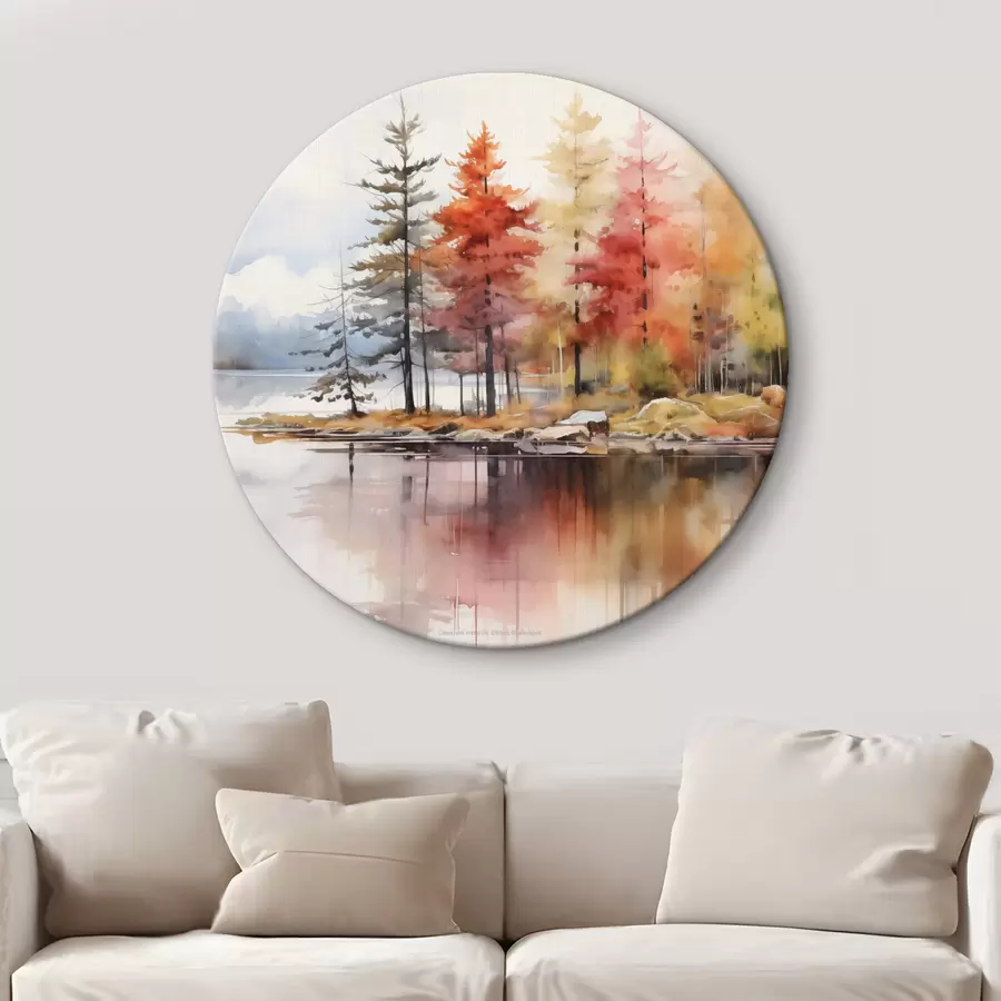murales de pared Paisaje de acuarela con un lago rodeado de árboles en vibrantes colores otoñales r42727
