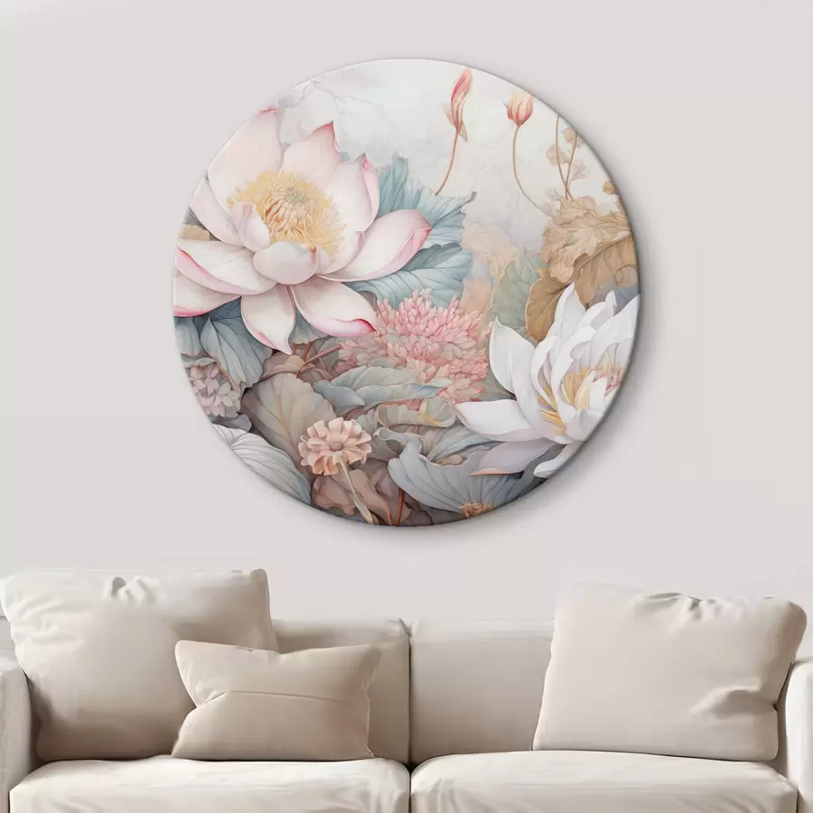 murales de pared Grandes flores de loto en tonos rosas y blancos, rodeadas de hojas verdes y un delicado follaje rosa r42729