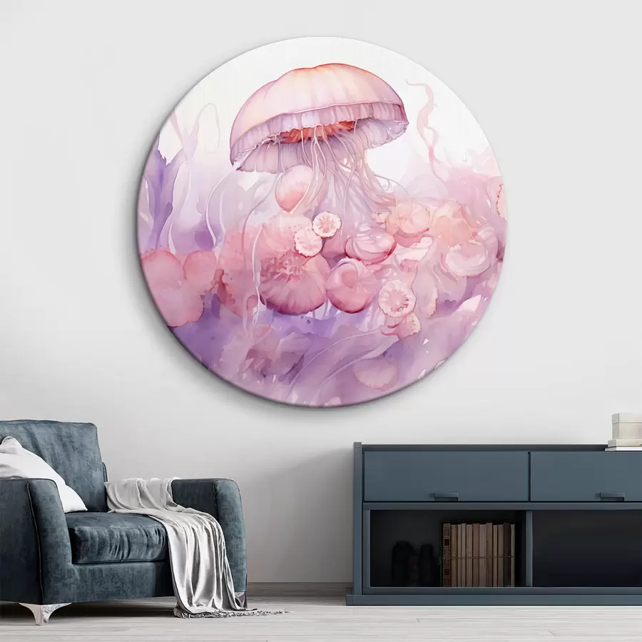 murales de pared Medusas rosas flotando en medio de un remolino de suaves tonos rosas y morados, rodeadas de formas abstractas r42730