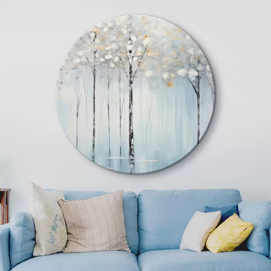 murales de pared Árboles altos y esbeltos con hojas azules y toques amarillos sobre un fondo azul suave, imitación de pintura al óleo r42731