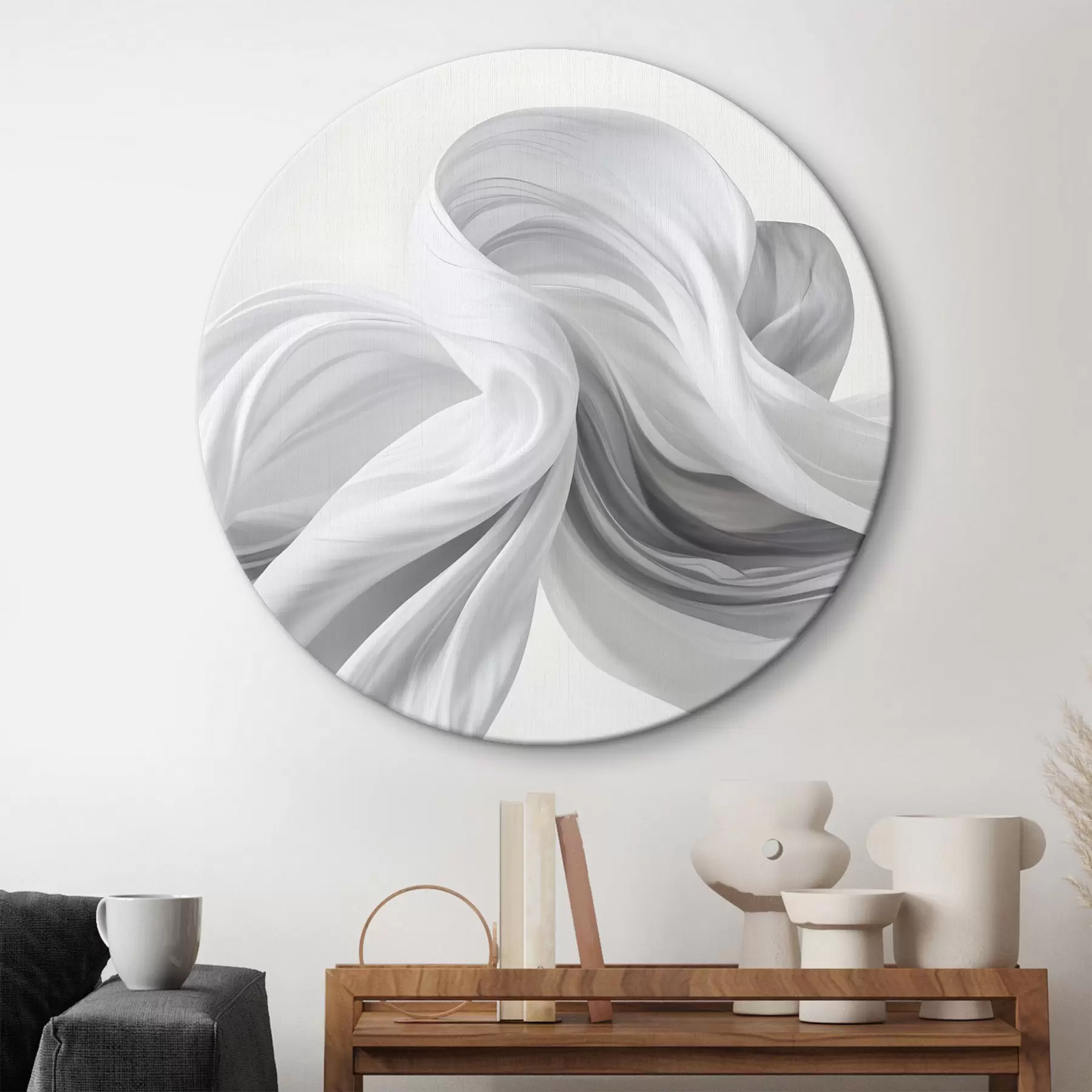 murales de pared Formas blancas y grises en forma de tejido que se arremolinan y entrelazan sobre un fondo claro r42732