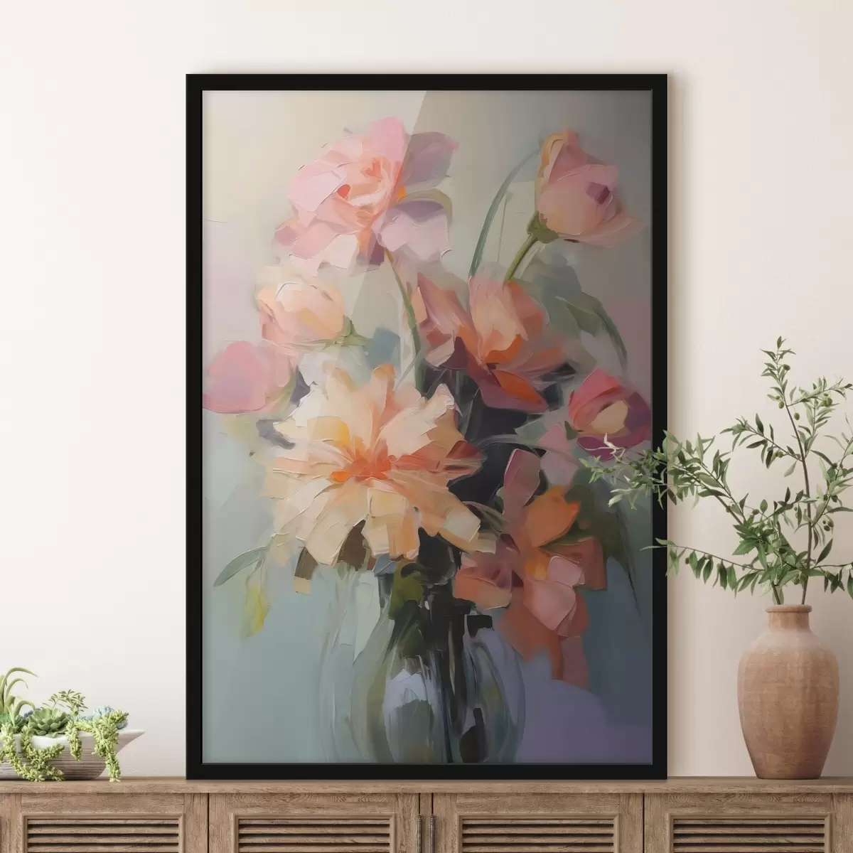 Poster Crisantemos en un jarrón imitación de trazos de pintura f42745