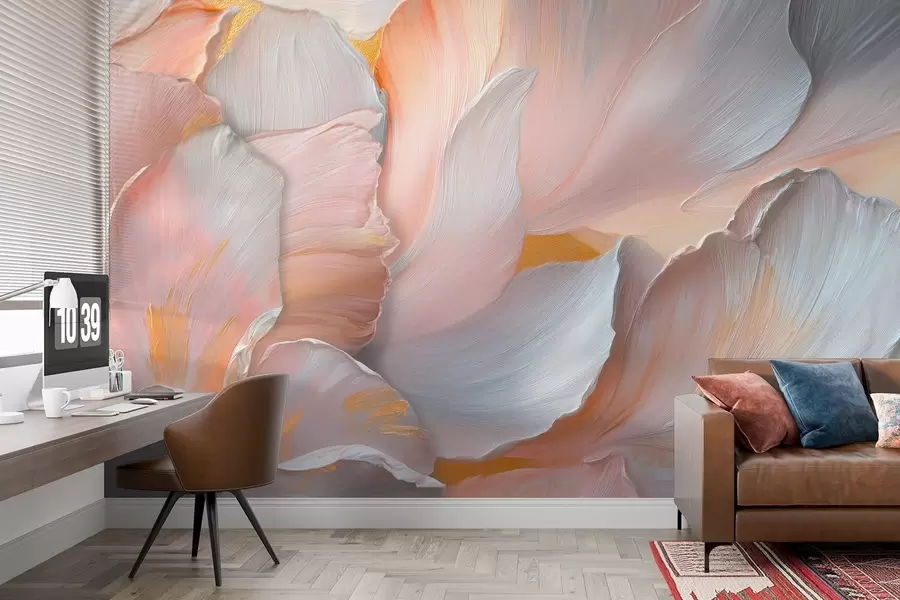 murales de pared Voluminosas hojas florales en tonos delicados w08634