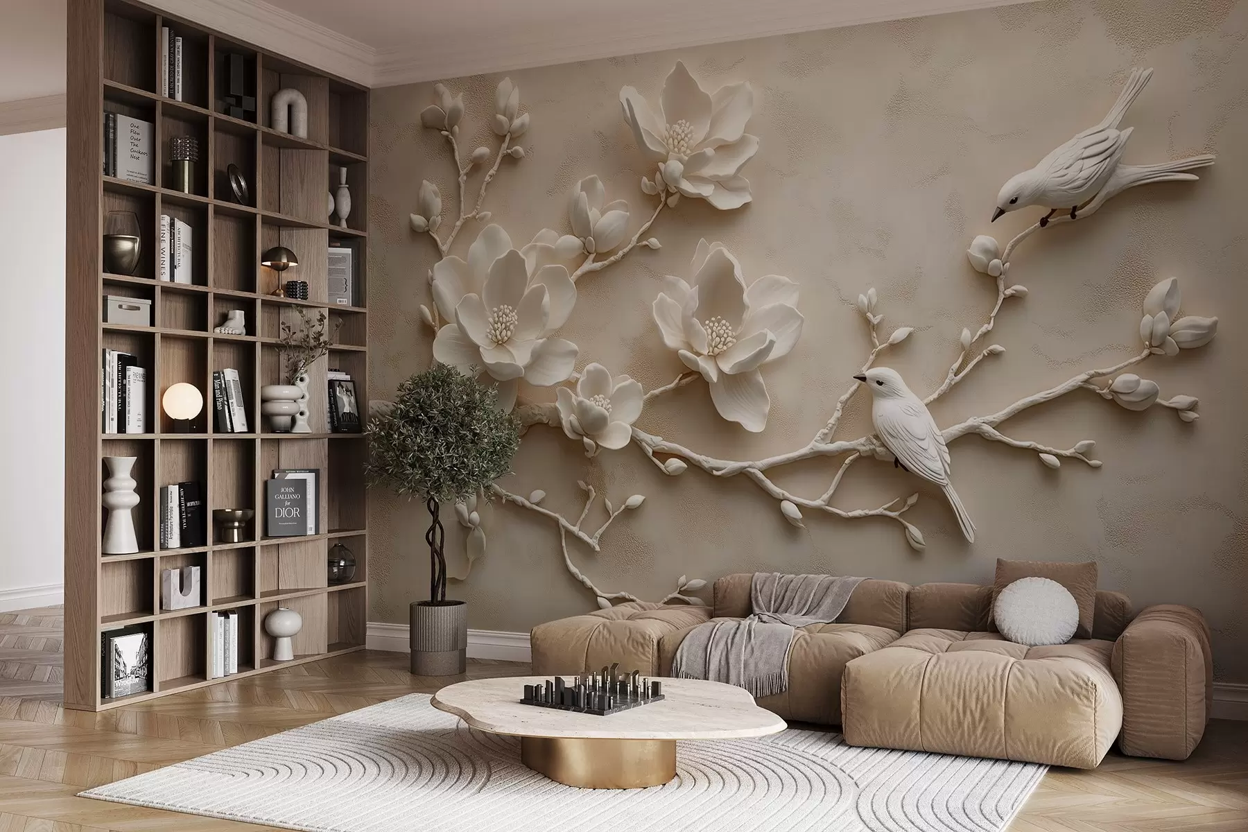 murales de pared ramas de magnolia en 3D con pájaros w08690