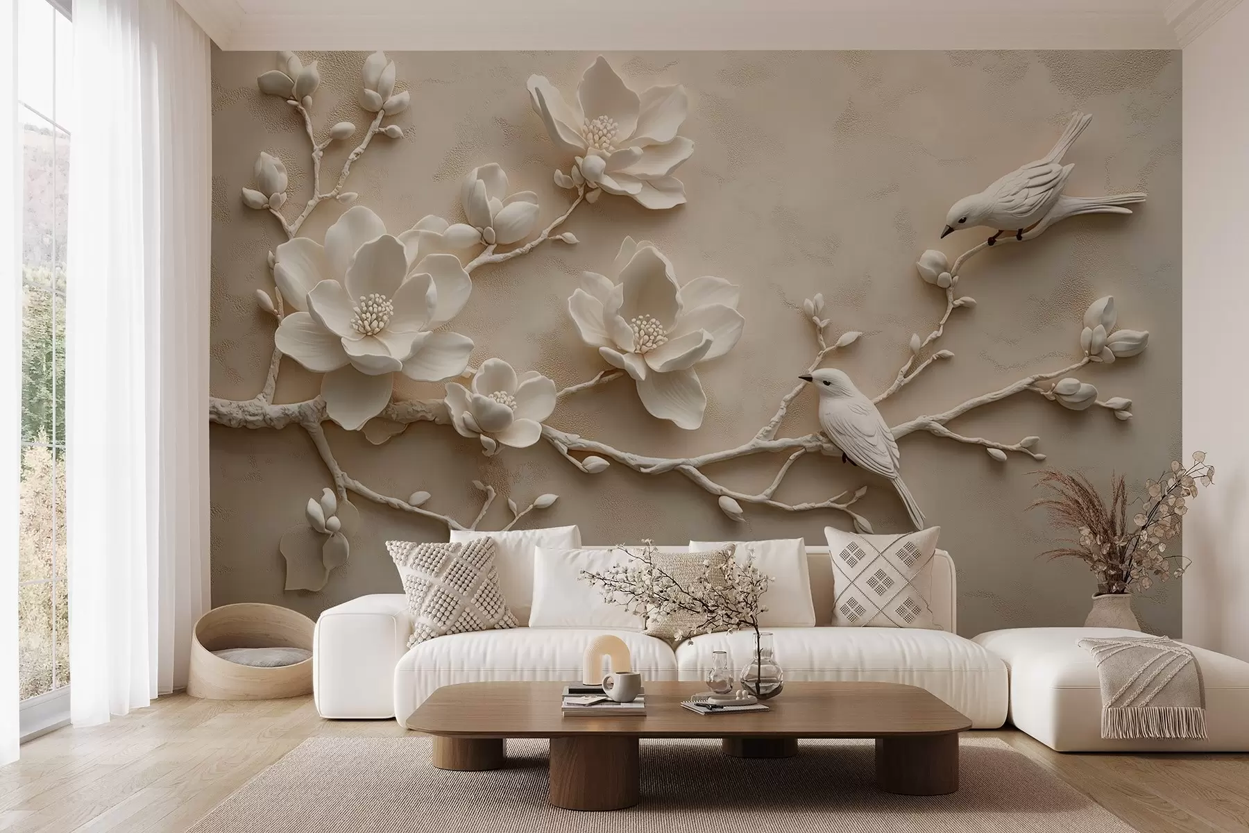 murales de pared ramas de magnolia en 3D con pájaros w08690