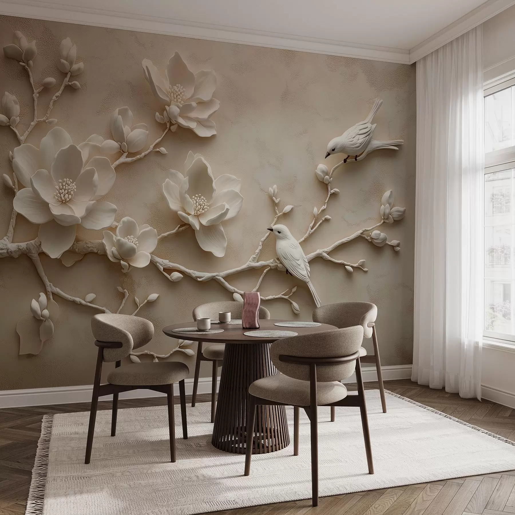 murales de pared ramas de magnolia en 3D con pájaros w08690
