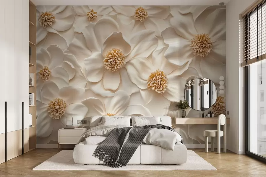 murales de pared composición floral en 3D de color beige con toques amarillos w08691