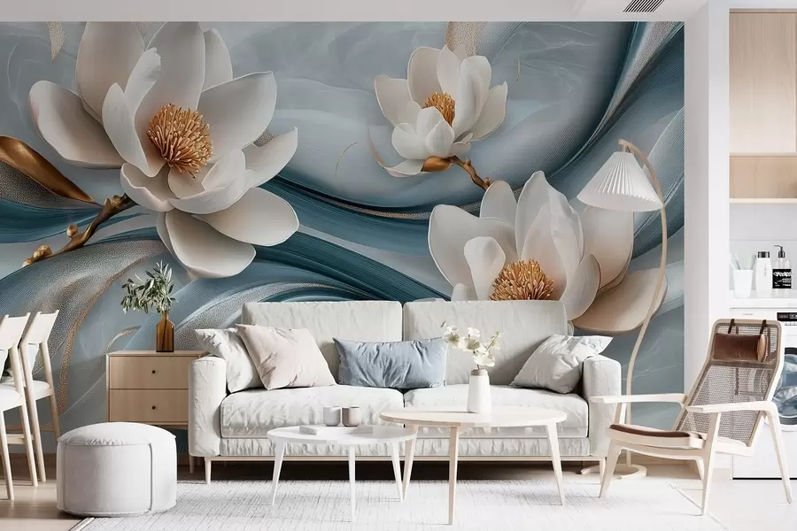 murales de pared Flores de magnolia combinadas con tonos azules, blancos y amarillos con ondas abstractas w08695