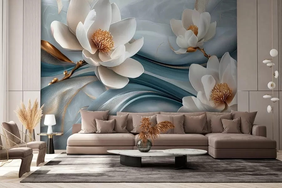 murales de pared Flores de magnolia combinadas con tonos azules, blancos y amarillos con ondas abstractas w08695