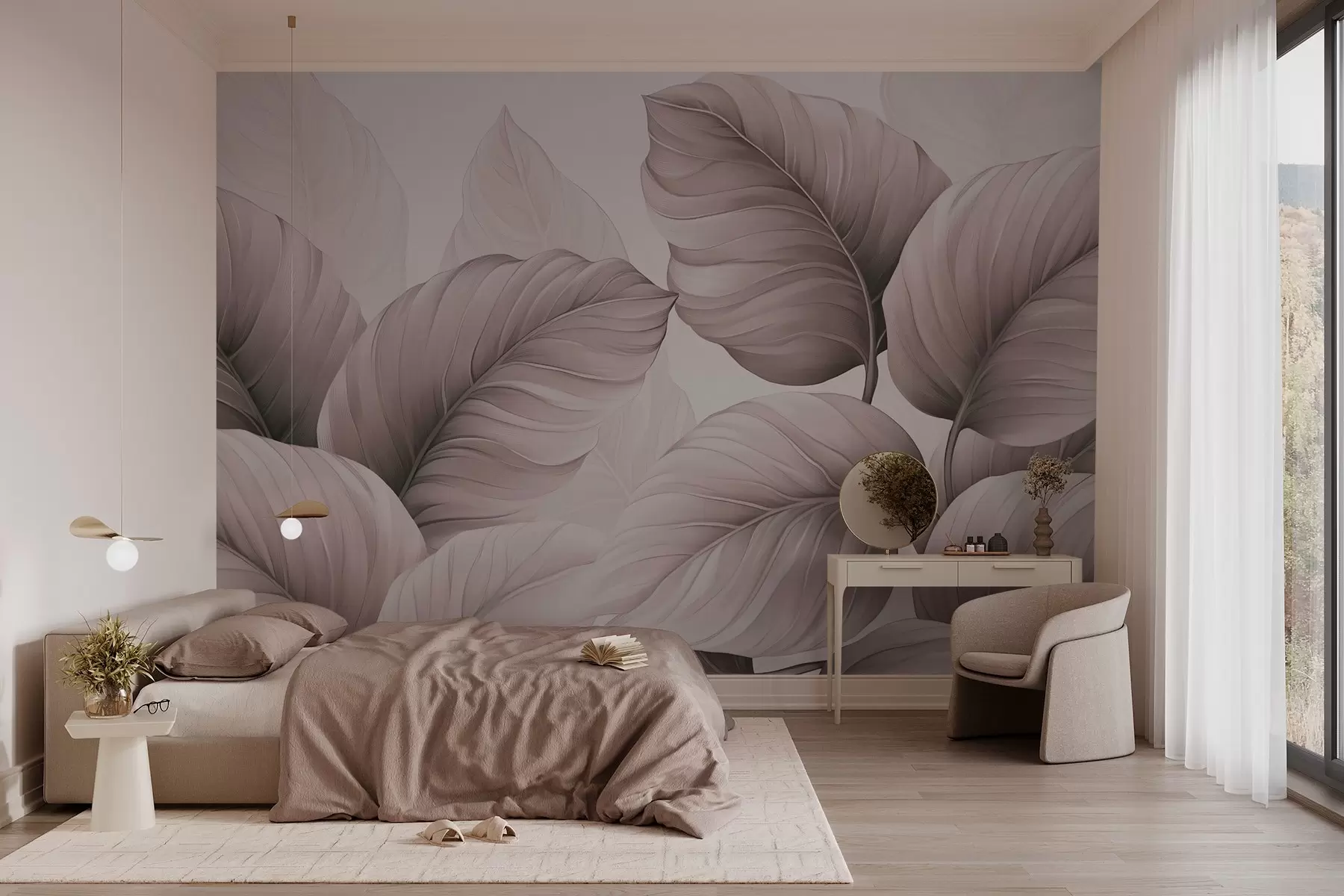 murales de pared Hojas grandes, tonos rosados w02944v2