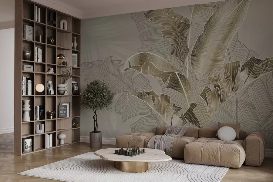 murales de pared Una armoniosa composición de hojas tropicales en tonos beige y marrón, con un detallado trabajo de líneas w08698