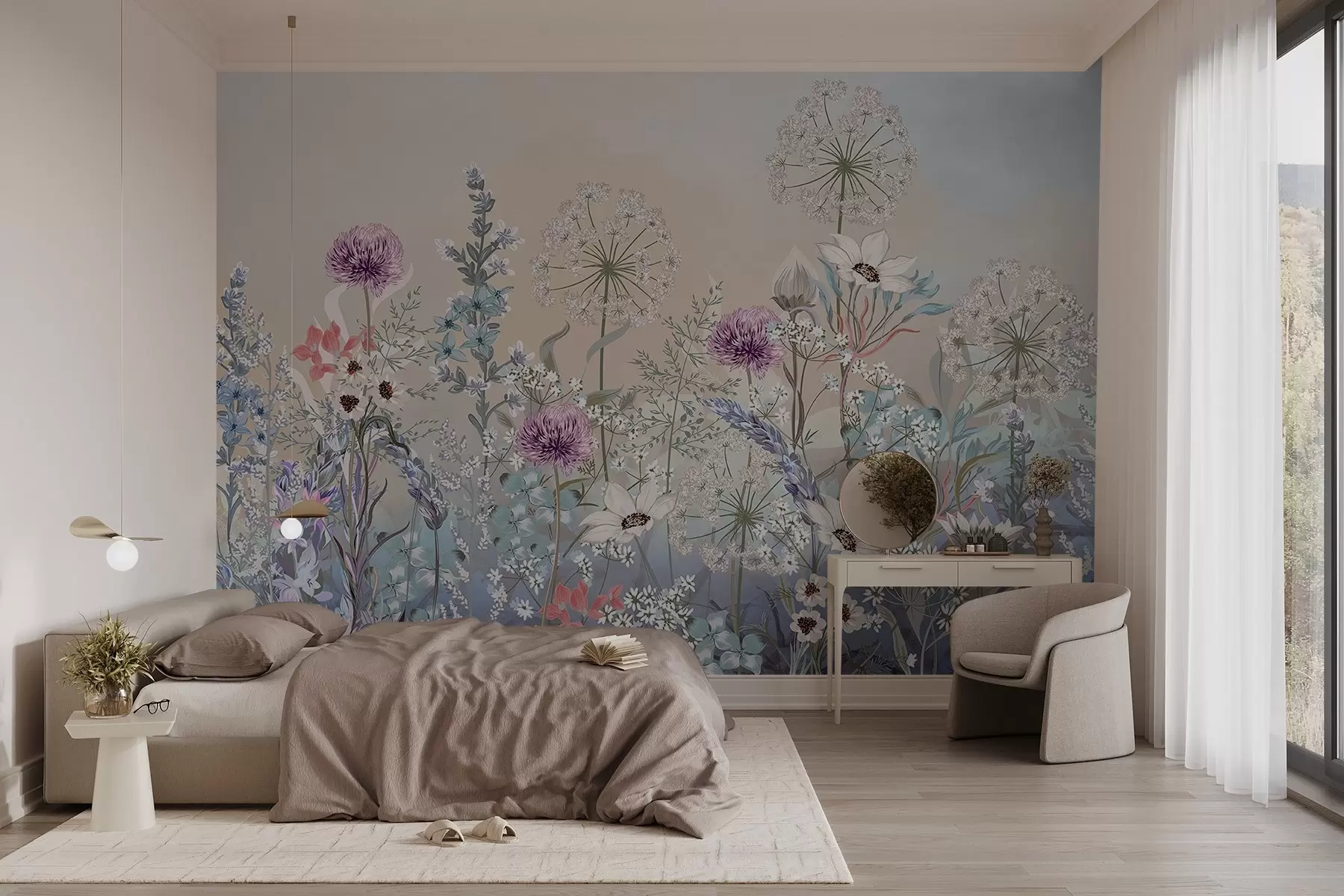 murales de pared Un vibrante jardín floral con varias flores y hierba sobre un fondo con textura degradada de suaves colores pastel w08699