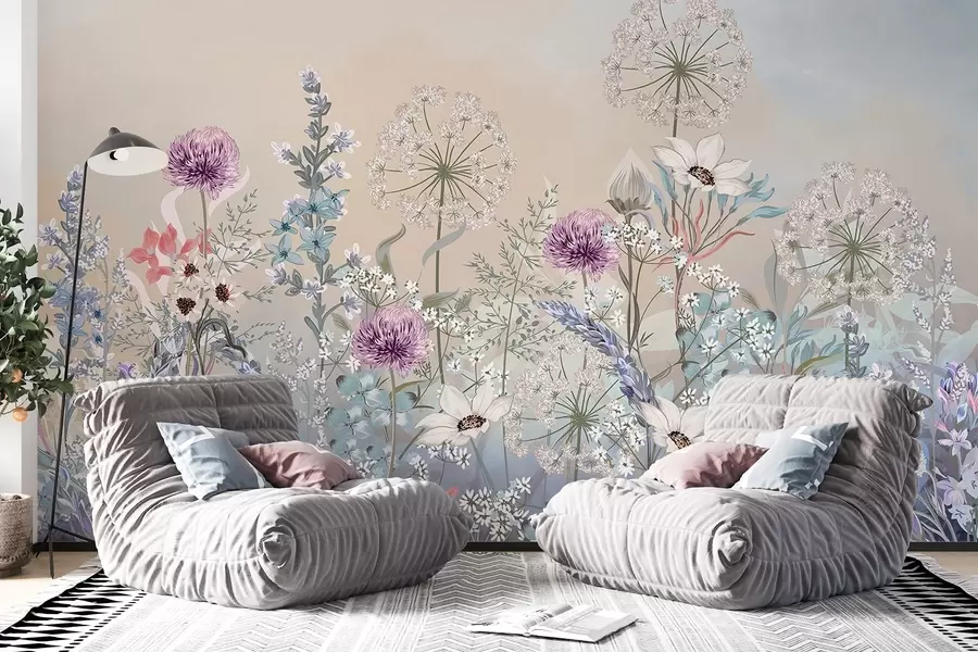 murales de pared Un vibrante jardín floral con varias flores y hierba sobre un fondo con textura degradada de suaves colores pastel w08699