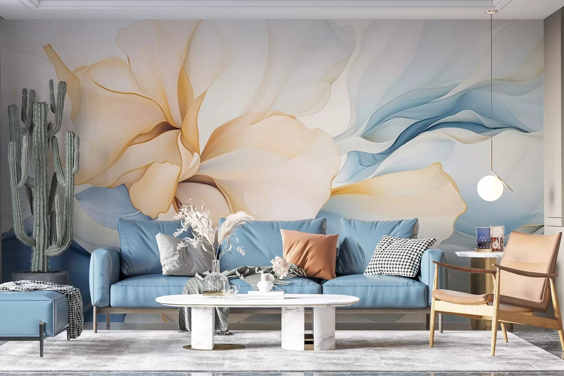 murales de pared Pétalos florales abstractos fluidos de formas translúcidas y superpuestas en colores pastel, en tonos melocotón y azul w08701