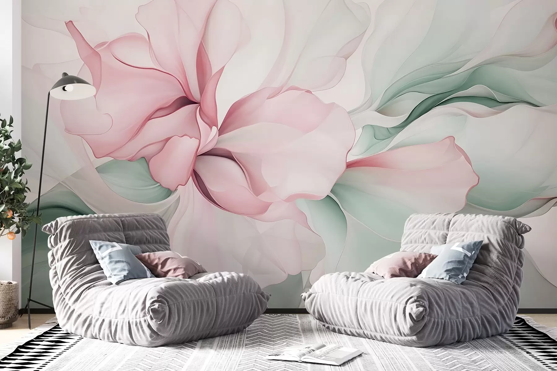 murales de pared Pétalos florales abstractos fluidos de formas translúcidas y superpuestas en colores pastel, en tonos rosas y verdes w08701v1