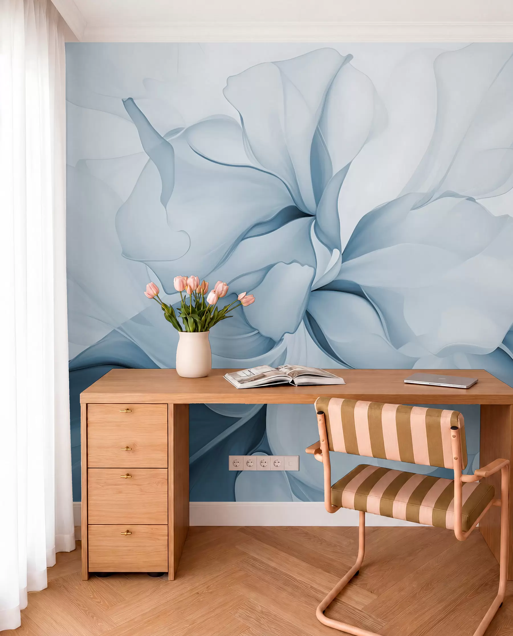 murales de pared Pétalos florales abstractos fluidos de formas translúcidas y estratificadas en colores pastel, en tonos azules w08701v2
