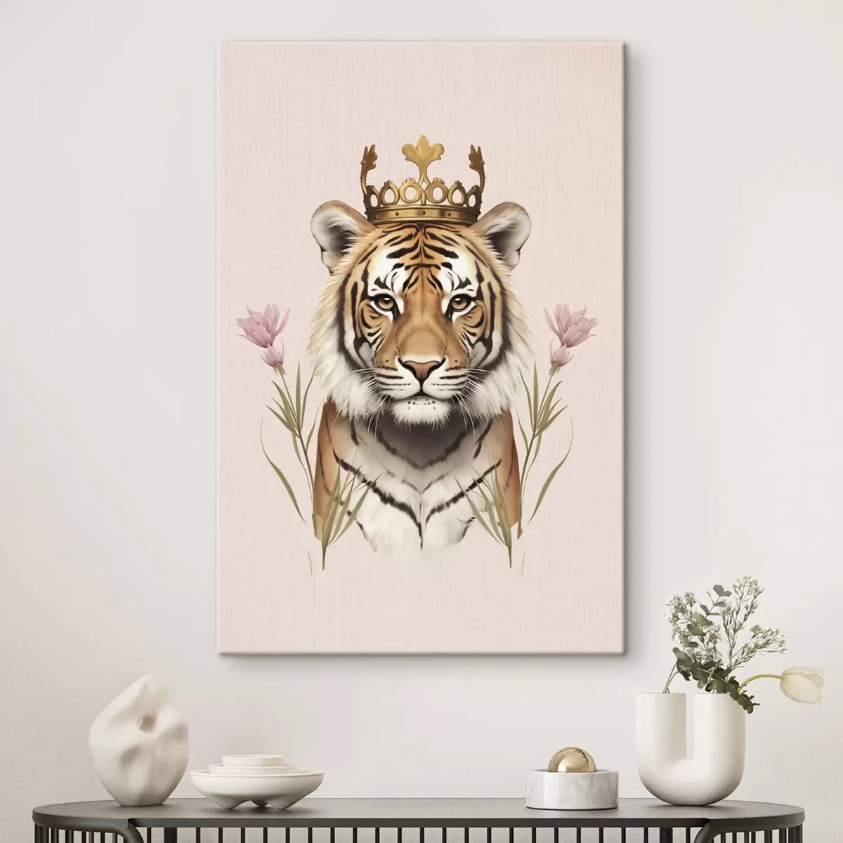 murales de pared Tigre con la corona de oro, fondo rosa, flores de tulipán s42782