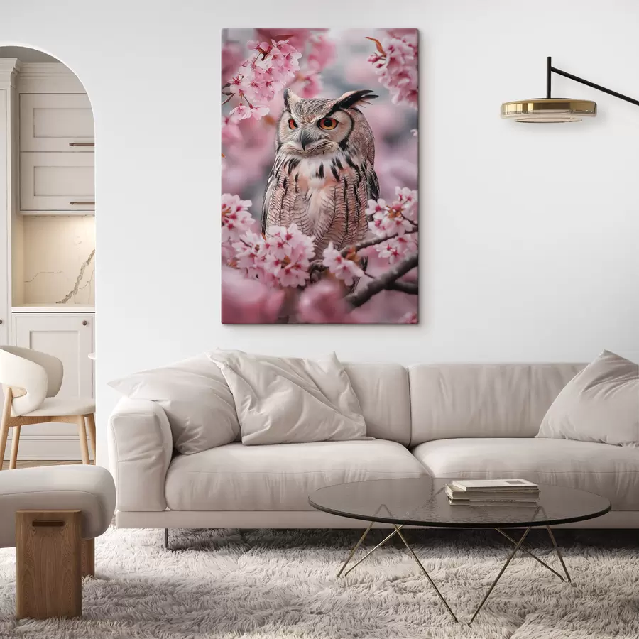 murales de pared Hermoso búho en la rama de un cerezo, naturaleza, realismo s42784