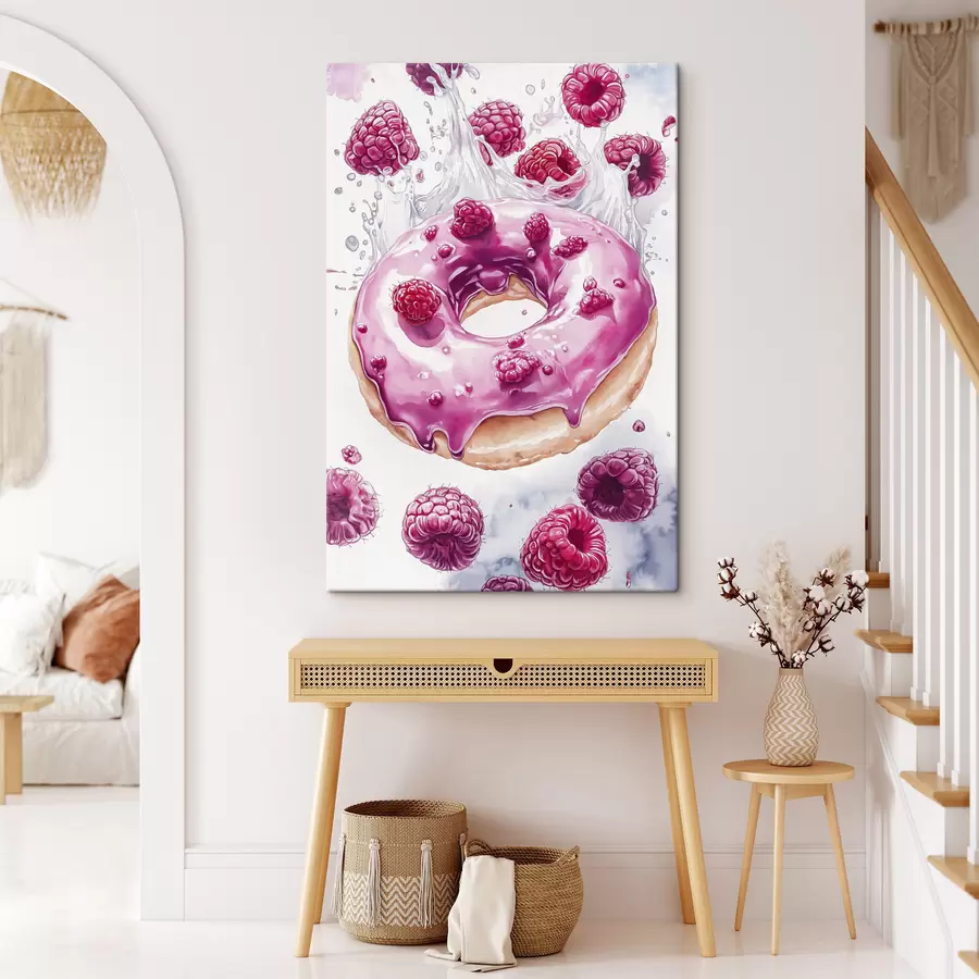 murales de pared Donat con frambuesas con glaseado rosa, delicioso postre, estilo acuarela s42789