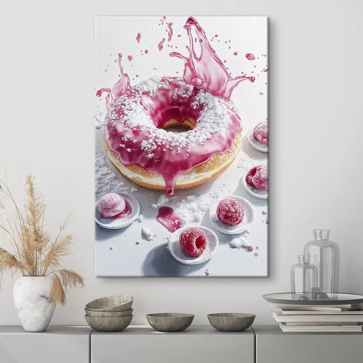 murales de pared Donat realista con bayas y glaseado rosa s42790