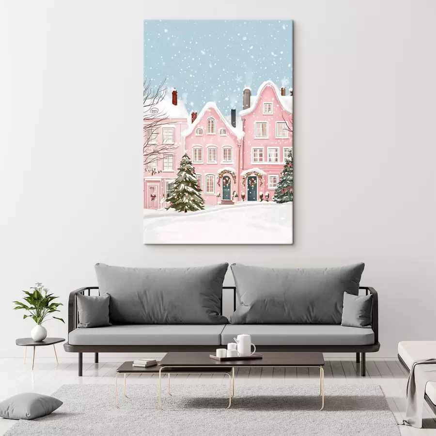 murales de pared Bonita ciudad con bonitas casas rosas, estética invernal, copos de nieve  s42793