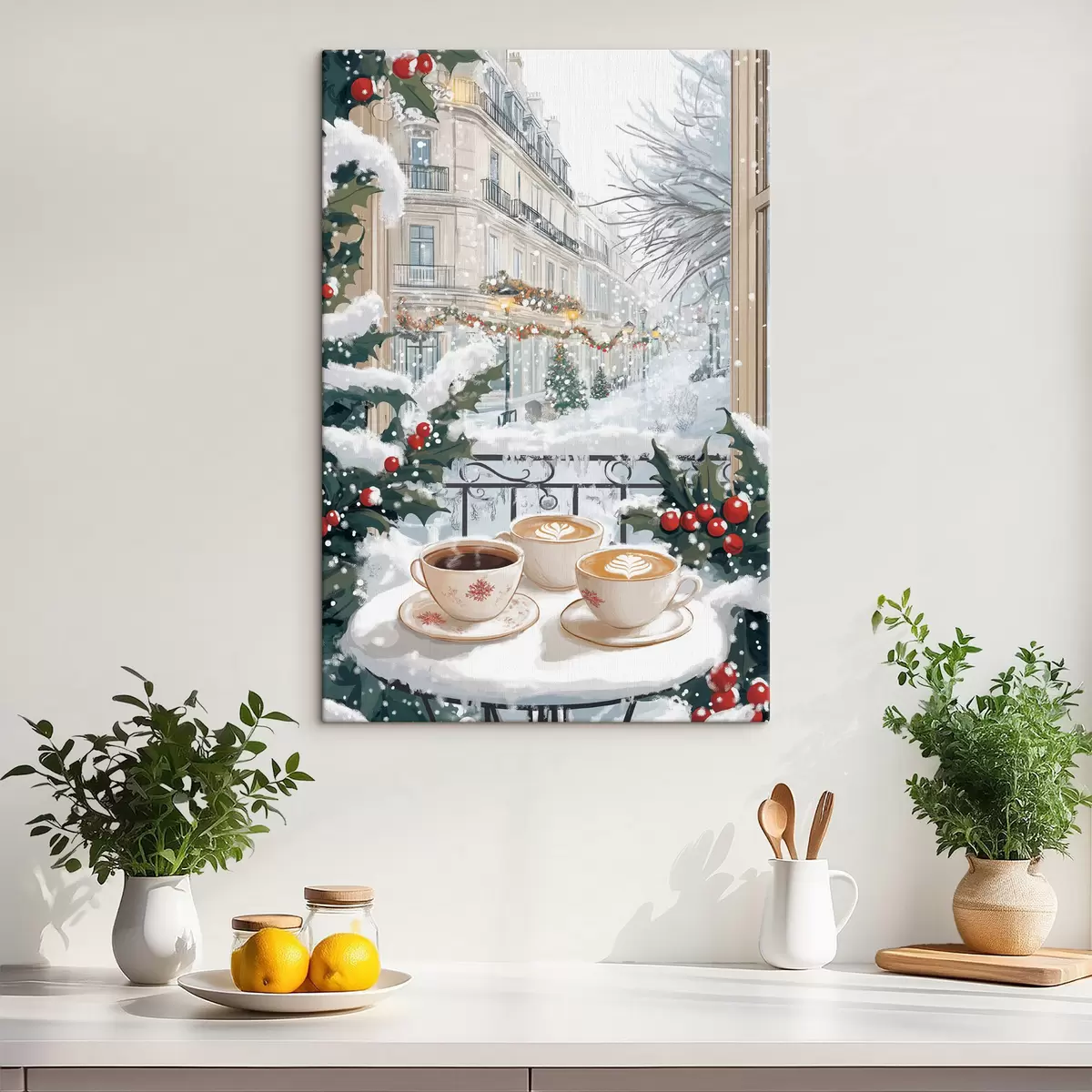 murales de pared Estética invernal, tazas de café, restaurante, calle de la ciudad s42794