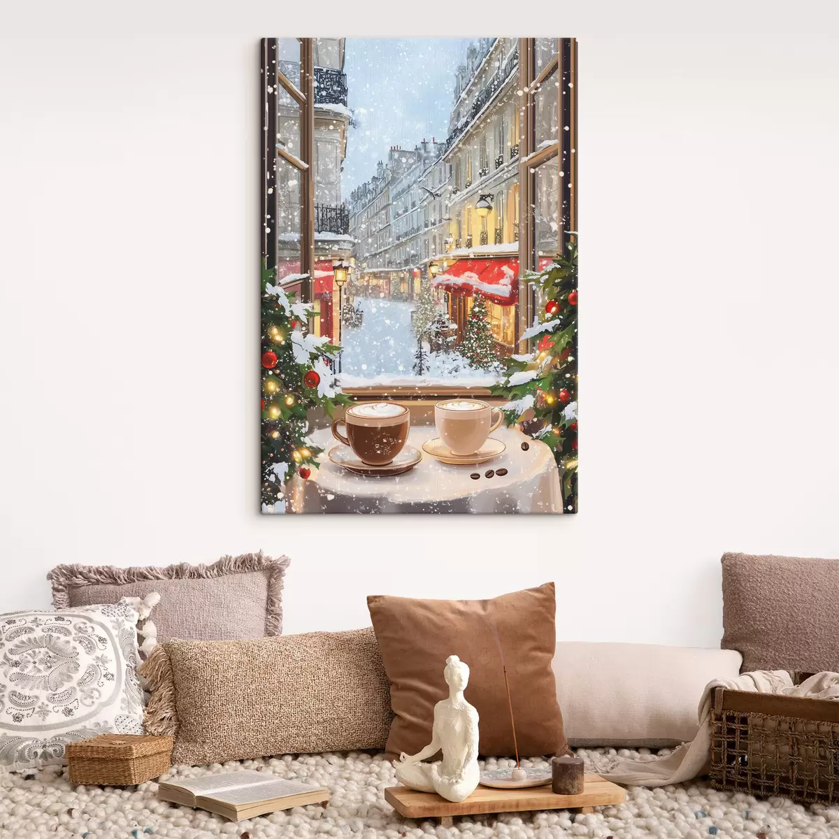 murales de pared Acogedora cafetería de invierno, tazas de café, estilo acrílico, arquitectura antigua de la ciudad  s42795